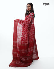 Graceful Red Kota Viscose Saree with Intricate White Patterns